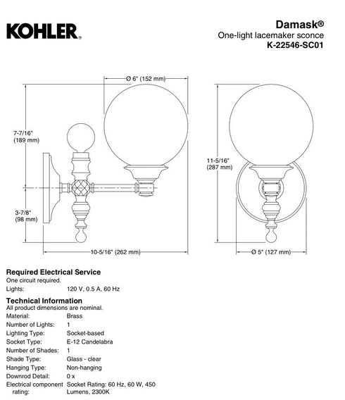 Kohler Lighting 22546-SC01-BZL Damask 11" Tall 1 Light Water Globe