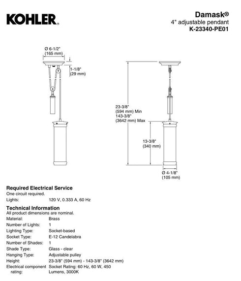 Kohler Damask 23340-PE01-SNL 1-Light Pendant - Polished Nickel (New in Box)