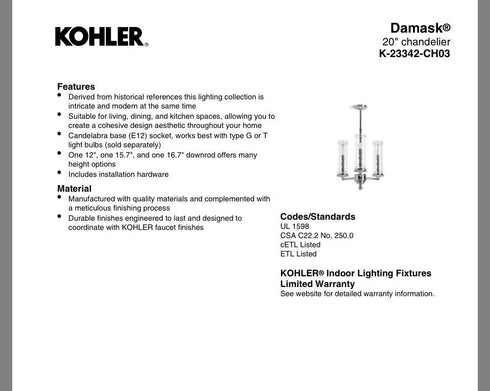 Kohler Lighting 23342-CH03-BZL Damask 20"W 3 Light Chandelier Oil Rubbed Bronze
