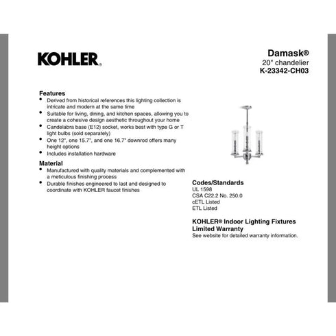 Kohler Lighting 23342-CH03-BZL Damask 20"W 3 Light Chandelier Oil Rubbed Bronze
