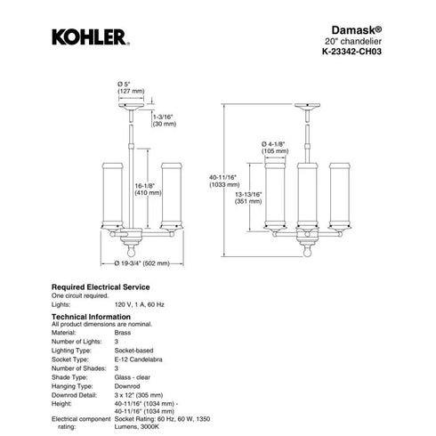 Kohler Lighting 23342-CH03-BZL Damask 20"W 3 Light Chandelier Oil Rubbed Bronze