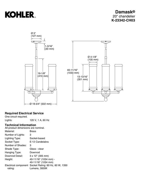 Kohler Lighting 23342-CH03-BZL Damask 20"W 3 Light Chandelier Oil Rubbed Bronze