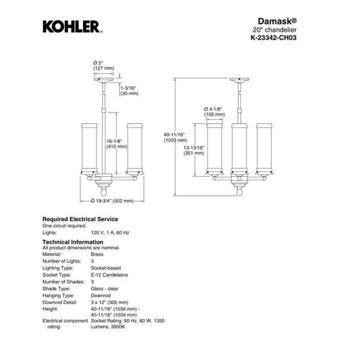 Kohler Lighting 23342-CH03-CPL Damask 20"W 3 Light Chandelier - Chrome