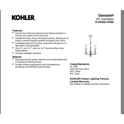 Kohler Lighting 23342-CH03-CPL Damask 20"W 3 Light Chandelier - Chrome