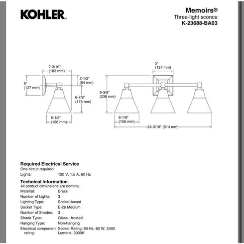 Kohler Lighting 23688-BA03 Memoirs 24”W 3 Light Vanity Light Oil Rubbed Bronze