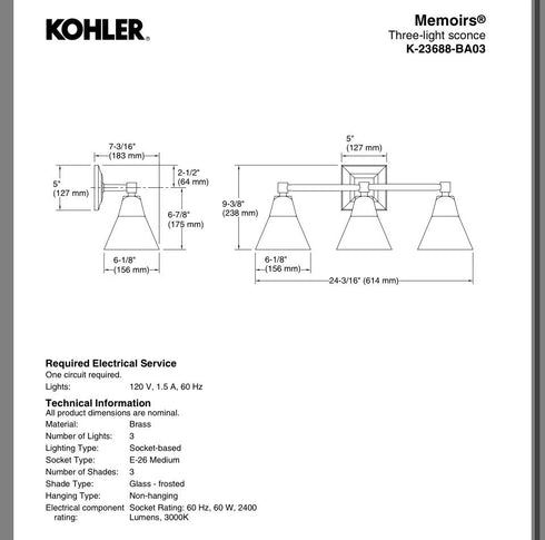 Kohler Lighting 23688-BA03 Memoirs 24”W 3 Light Vanity Light Oil Rubbed Bronze
