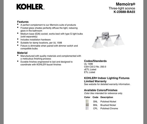 Kohler Lighting 23688-BA03 Memoirs 24”W 3 Light Vanity Light Oil Rubbed Bronze