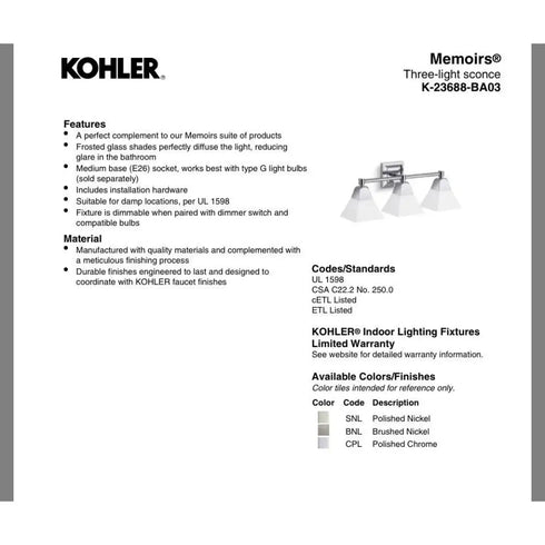 Kohler Lighting 23688-BA03 Memoirs 24”W 3 Light Vanity Light Oil Rubbed Bronze