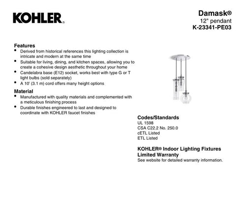 Kohler Lighting 3 Light Clear Glass 23341 PE03-CPL Damask 12" Tall Chrome color