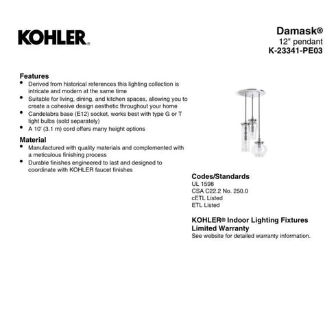 Kohler Lighting 3 Light Clear Glass 23341 PE03-CPL Damask 12" Tall Chrome color