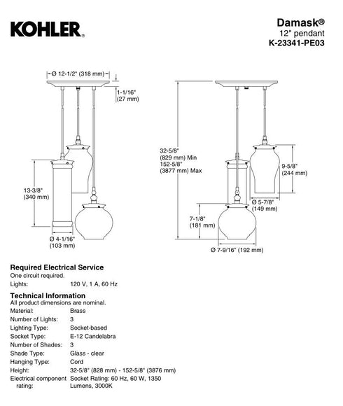 Kohler Lighting 3 Light Clear Glass 23341 PE03-CPL Damask 12" Tall Chrome color