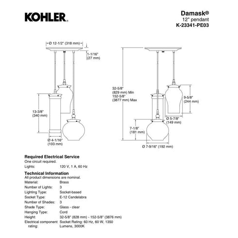 Kohler Lighting 3 Light Clear Glass 23341 PE03-CPL Damask 12" Tall Chrome color