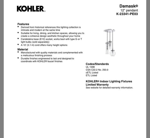 Kohler Lighting 3 Light Clear Glass 23341 PE03 Damask 12" Tall Oil Rubbed Bronze