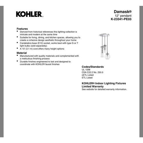Kohler Lighting 3 Light Clear Glass 23341 PE03 Damask 12" Tall Oil Rubbed Bronze