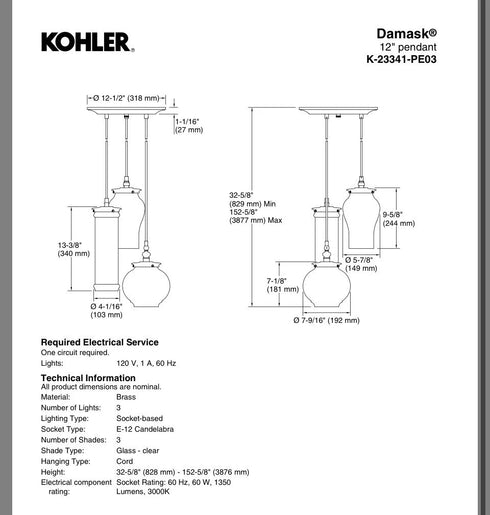 Kohler Lighting 3 Light Clear Glass 23341 PE03 Damask 12" Tall Oil Rubbed Bronze