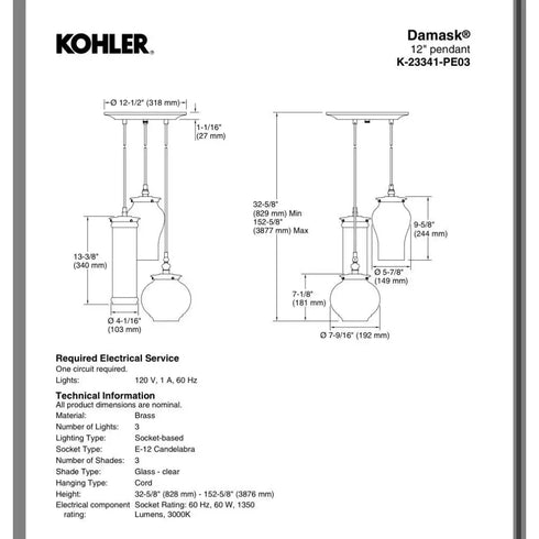 Kohler Lighting 3 Light Clear Glass 23341 PE03 Damask 12" Tall Oil Rubbed Bronze