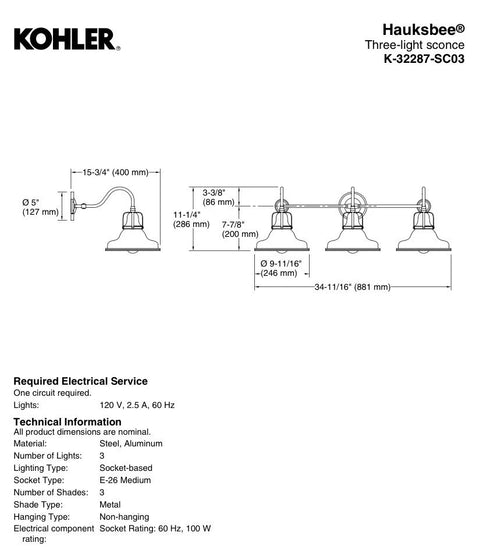 Kohler Lighting 32287-SC03-CPL Hauksbee 35"W 3 Light Vanity Light