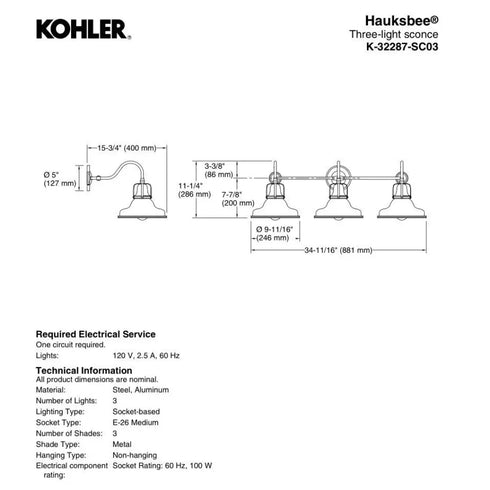Kohler Lighting 32287-SC03 Hauksbee 35"W 3 Light Vanity Light