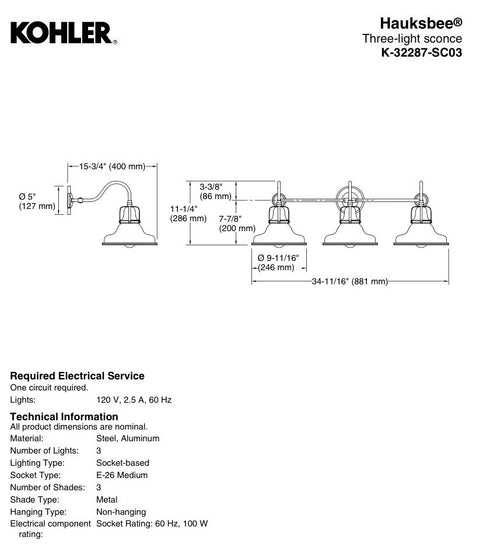 Kohler Lighting 32287-SC03 Hauksbee 35"W 3 Light Vanity Light