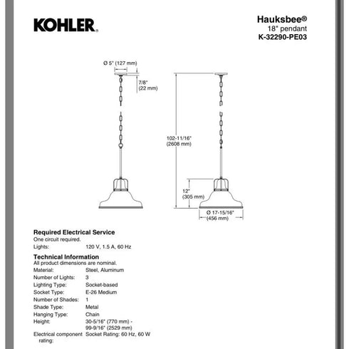 Kohler Lighting 32290-PE03 Hauksbee 18"W 1 Light Pendant - White
