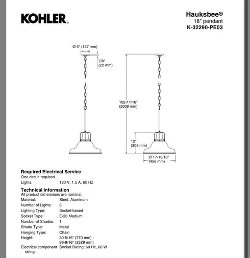 Kohler Lighting 32290-PE03 Hauksbee 18"W 1 Light Pendant - White
