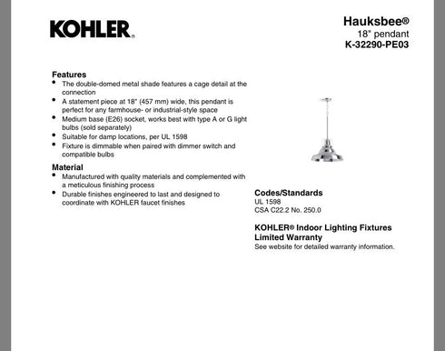 Kohler Lighting 32290-PE03 Hauksbee 18"W 1 Light Pendant - White