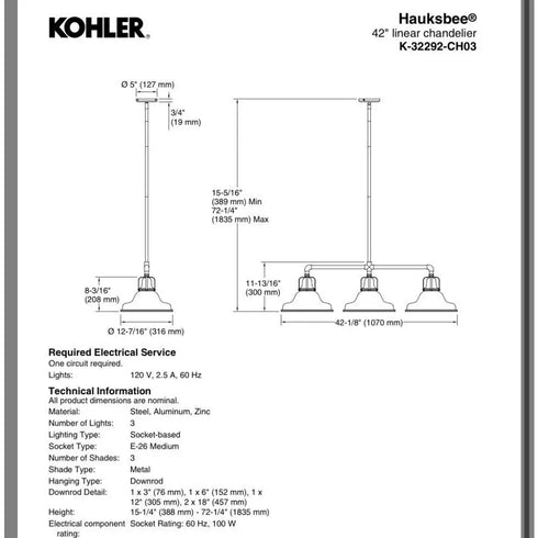 Kohler Lighting 32292-CH03 Hauksbee 42"W 3 Light Linear - Matte Black / Brushed