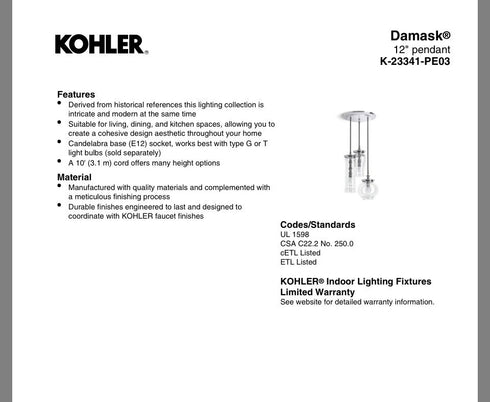 Kohler Lighting 3Light Clear Glass 23341 PE03-SNL Damask 12"Tall POLISHED NICKEL