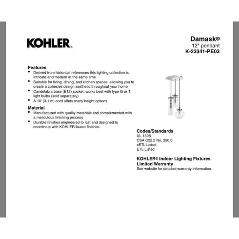 Kohler Lighting 3Light Clear Glass 23341 PE03-SNL Damask 12"Tall POLISHED NICKEL
