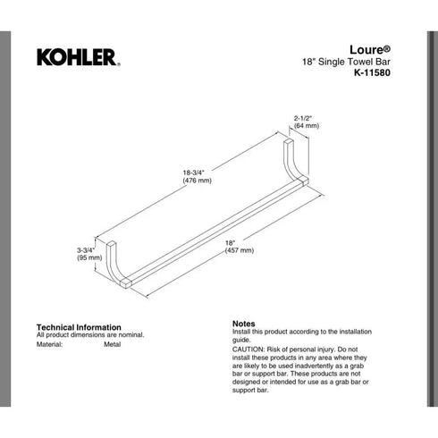 Kohler Loure K-11580-CP 18” Towel Bar Polished Chrome Bathroom