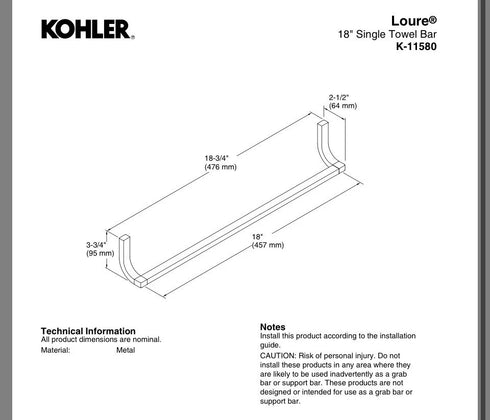 Kohler Loure K-11580-CP 18” Towel Bar Polished Chrome Bathroom