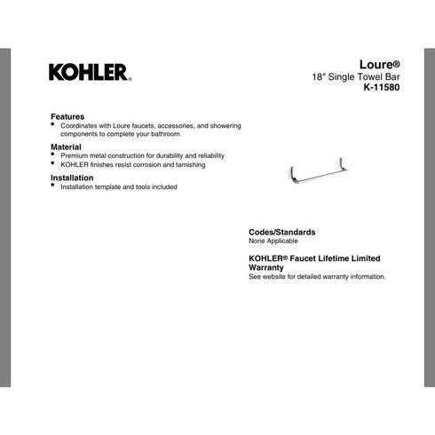 Kohler Loure K-11580-CP 18” Towel Bar Polished Chrome Bathroom