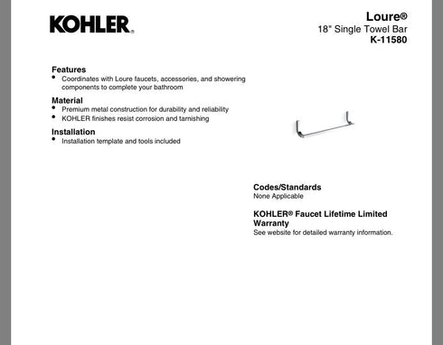 Kohler Loure K-11580-CP 18” Towel Bar Polished Chrome Bathroom