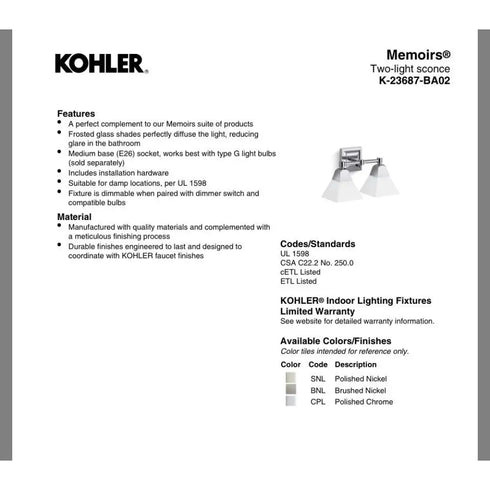 Kohler Memoirs 15in 2-Light Vanity Light,Oil Rubbed Bronze Finish,120V 23687-BZL