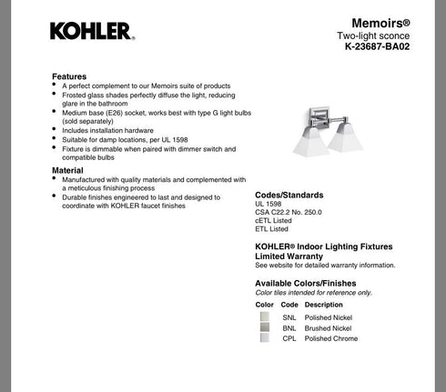 Kohler Memoirs 15in 2-Light Vanity Light,Oil Rubbed Bronze Finish,120V 23687-BZL