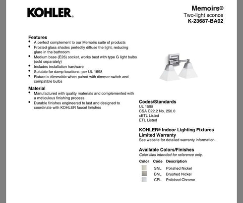 Kohler Memoirs 23687-BA02-BGL 2-Light Vanity Light Brushed Gold Modern
