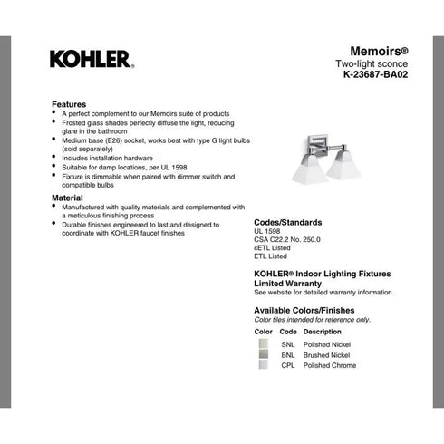 Kohler Memoirs 23687-BA02-BGL 2-Light Vanity Light Brushed Gold Modern