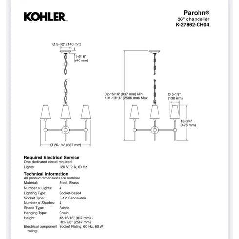 Kohler Parohn 26” Chandelier K-27862-CH04-GNL Gunmetal 4-Light NEW Discontinued