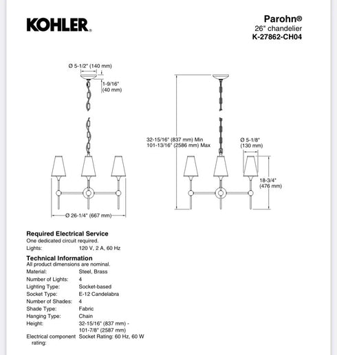 Kohler Parohn 26” Chandelier K-27862-CH04-GNL Gunmetal 4-Light NEW Discontinued