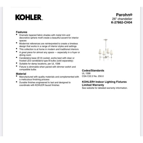 Kohler Parohn 26” Chandelier K-27862-CH04-GNL Gunmetal 4-Light NEW Discontinued