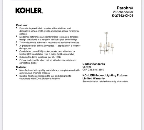 Kohler Parohn 26” Chandelier K-27862-CH04-GNL Gunmetal 4-Light NEW Discontinued