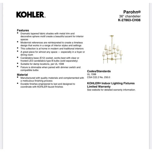 Kohler Parohn 36” Chandelier K-27863-CH08-2PL Polished Brass 8-Light NEW