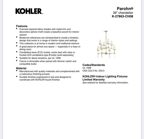 Kohler Parohn 36” Chandelier K-27863-CH08-SNL Polished Nickel 8-Light NEW