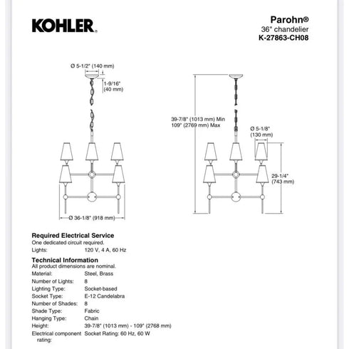 Kohler Parohn 36” Chandelier K-27863-CH08-SNL Polished Nickel 8-Light NEW