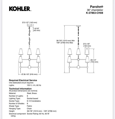 Kohler Parohn 36” Chandelier K-27863-CH08-SNL Polished Nickel 8-Light NEW