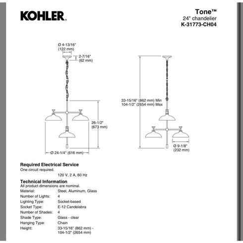 Kohler Tone 4-Light 24in Wide Chandelier Black Modern Mid-Century Lighting
