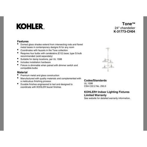 Kohler Tone 4-Light 24in Wide Chandelier Black Modern Mid-Century Lighting