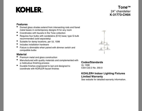 Kohler Tone 4-Light 24in Wide Chandelier Black Modern Mid-Century Lighting