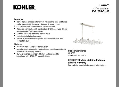 Kohler Tone 8-Light Linear Chandelier Matte Black Brushed Brass 31774-CH08-BML