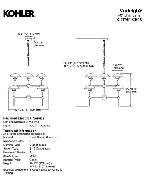 Kohler Vorleigh 8-Light Chandelier Brushed Modern Brass 27951-CH08-2GL